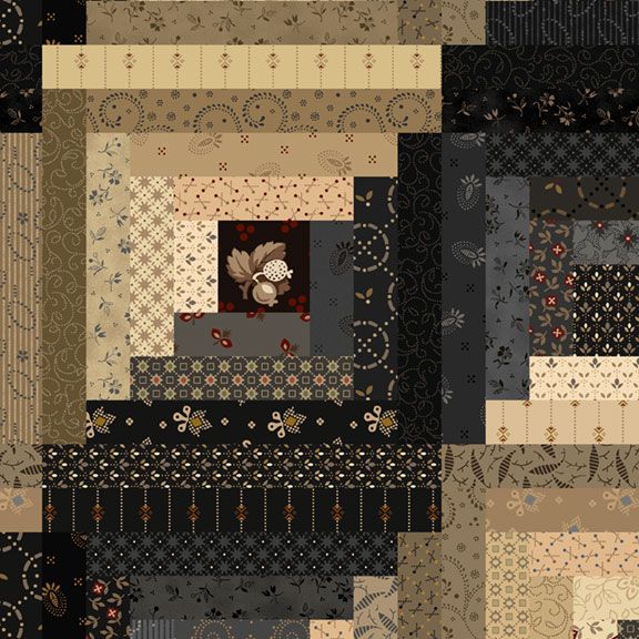 Black Sheep Cottons Log Cabin Black quilting cotton fabric by Pam Buda for Marcus Fabrics featuring faux log cabin quilt blocks made from black, cream, taupe, gray, and brown reproduction prints.