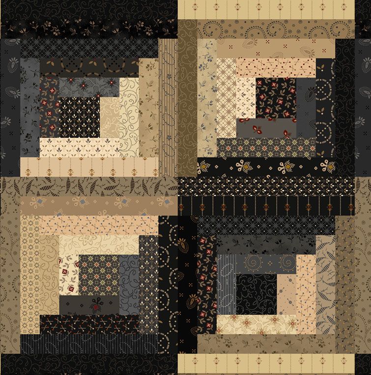 Black Sheep Cottons Log Cabin Black quilting cotton fabric by Pam Buda for Marcus Fabrics featuring faux log cabin quilt blocks made from black, cream, taupe, gray, and brown reproduction prints.