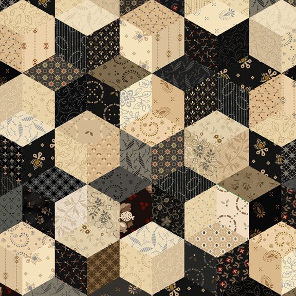Black Sheep Cottons Stars Black quilting cotton fabric by Pam Buda for Marcus Fabrics featuring faux patchwork star blocks and hexagons in black, cream, taupe, and gray reproduction prints.