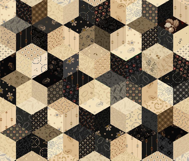 Black Sheep Cottons Stars Black quilting cotton fabric by Pam Buda for Marcus Fabrics featuring faux patchwork star blocks and hexagons in black, cream, taupe, and gray reproduction prints.