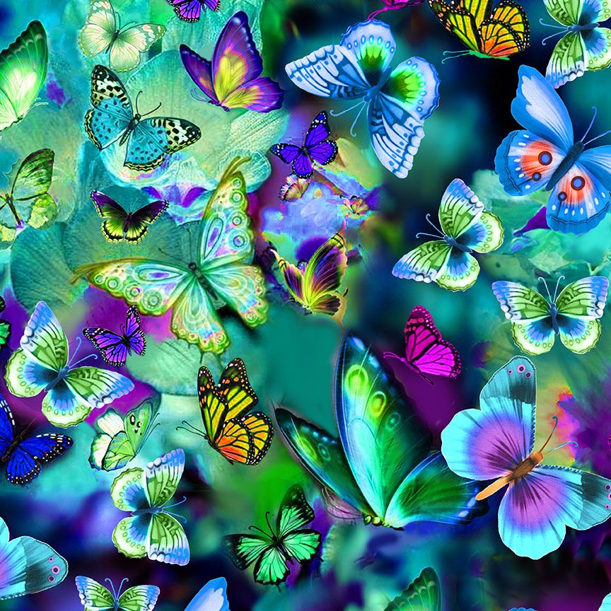 Electric Butterflies 108" wide quilt backing fabric by Timeless Treasures featuring colorful butterflies in teal, purple, green, and yellow on a glowing abstract background.
