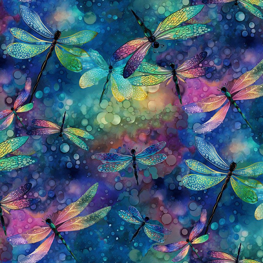 Dragonfly Illusion 108-inch wide quilt backing fabric with multicolor dragonflies and watercolor background by Timeless Treasures