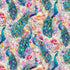 Peacocks on Floral fabric by Timeless Treasures featuring colorful peacocks with flowing feather tails surrounded by watercolor flowers in pink, lavender, peach, yellow, and blue tones on premium cotton fabric.