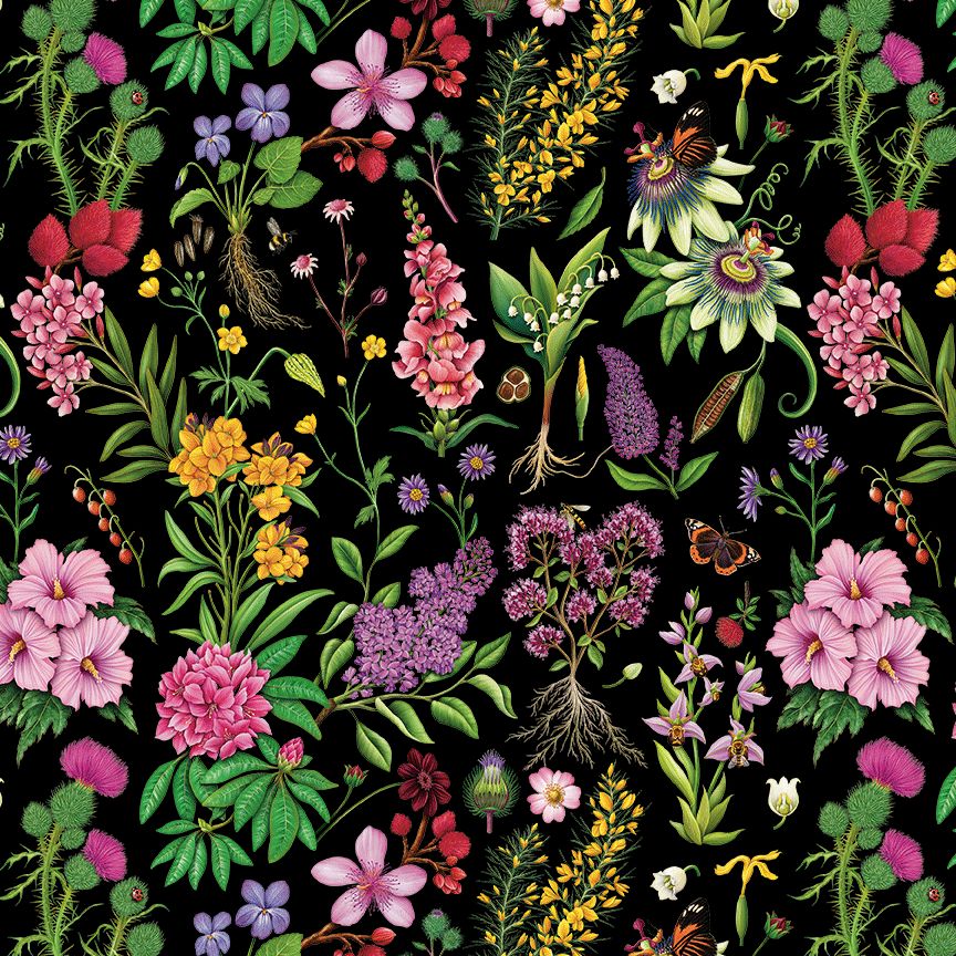 Detailed botanical flowers, foliage, and butterflies arranged on a black background in a vintage garden illustration style