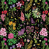 Detailed botanical flowers, foliage, and butterflies arranged on a black background in a vintage garden illustration style