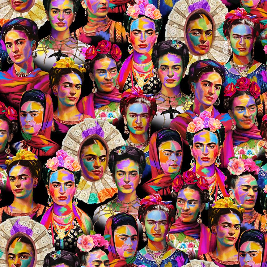 Digital cotton fabric Stroke of Genius - Packed Artist Faces by Timeless Treasures featuring vibrant portraits in rainbow hues on a black background.