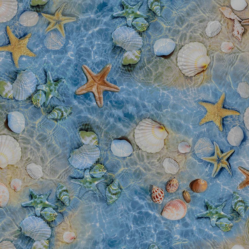 Water's Edge Shells and Starfish fabric by Chong-A Hwang for Timeless Treasures featuring realistic seashells, starfish, and shimmering blue ocean water in a digitally printed cotton fabric.