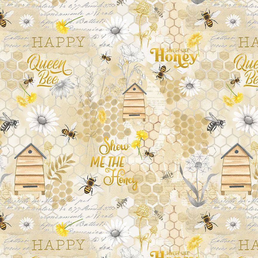 Digital cotton fabric Bee & Bee Kind - Honey Bee Collage Beige by Timeless Treasures featuring honeycombs, bees, daisies, bee hives, and playful text on a beige background.