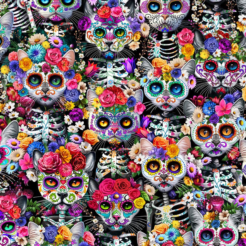 Day of the Dead Packed Skeleton Floral Cats Fabric by Timeless Treasures, 100% cotton featuring colorful skeleton cats and florals, ideal for quilting and crafts.