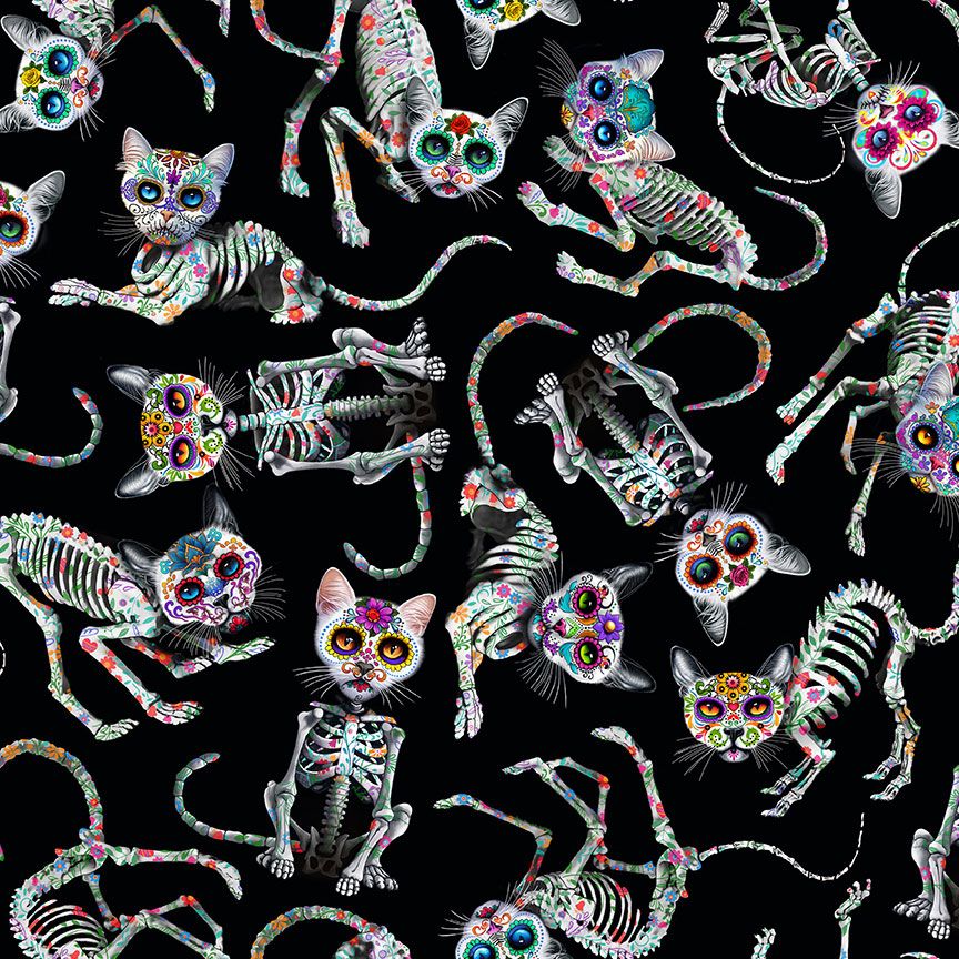 Day of the Dead - Tossed Skeleton Cats Fabric by Timeless Treasures featuring playful sugar-skull style skeleton cats on a black background.