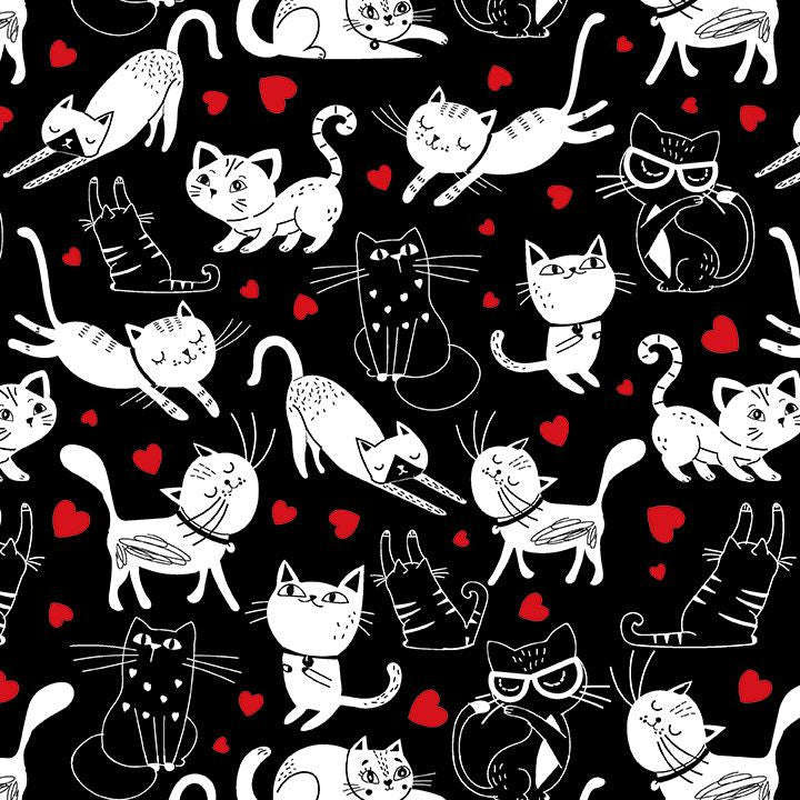 Black cotton fabric with whimsical black and white cats and red hearts by Timeless Treasures