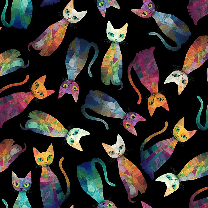 Timeless Treasures Sophisticat Tossed Quilt Cats cotton fabric featuring colorful patchwork-style cats scattered on a black background.