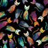 Timeless Treasures Sophisticat Tossed Quilt Cats cotton fabric featuring colorful patchwork-style cats scattered on a black background.
