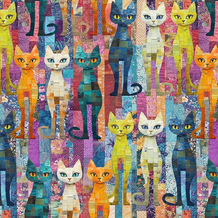 Colorful patchwork quilt cats fabric featuring artistic multicolor felines by Timeless Treasures