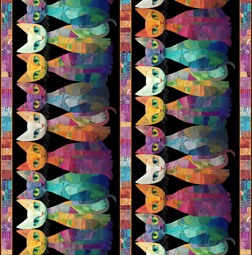 Timeless Treasures Sophisticat Quilt Cats stripe cotton fabric featuring colorful patchwork-style cats on a black background with decorative mosaic borders.