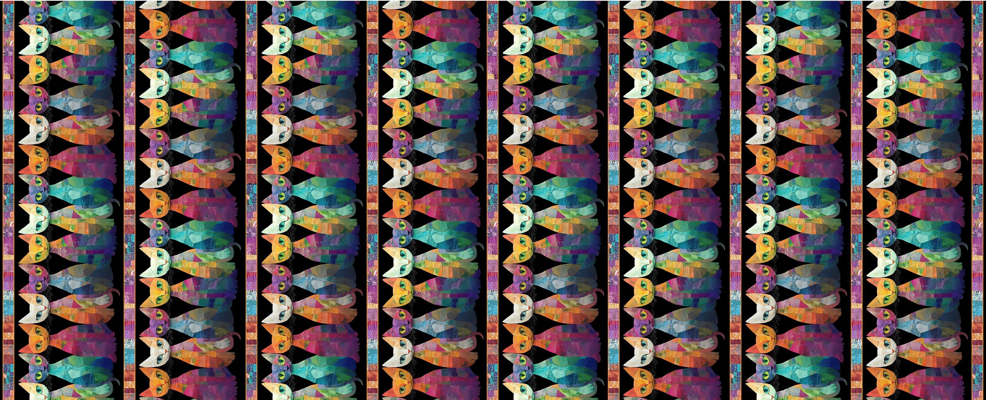 Timeless Treasures Sophisticat Quilt Cats stripe cotton fabric featuring colorful patchwork-style cats on a black background with decorative mosaic borders.