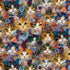 Digital cotton fabric featuring colorful calico, tabby, and tuxedo cats surrounded by vibrant floral blooms on a natural background by Timeless Treasures.
