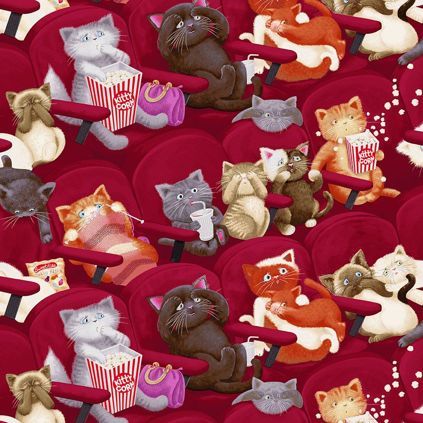 Timeless Treasures Meow You Doing Scaredy Cats cotton fabric featuring adorable cats in movie theater seats eating popcorn and watching a film.