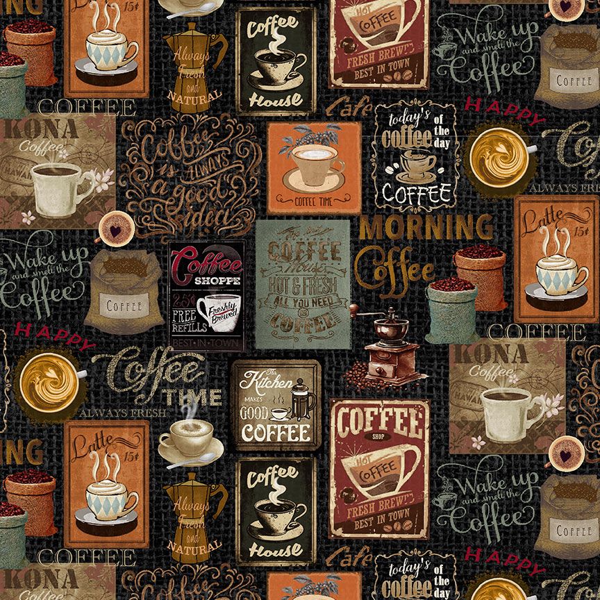 Vintage coffee collage cotton fabric with café signs and coffee imagery