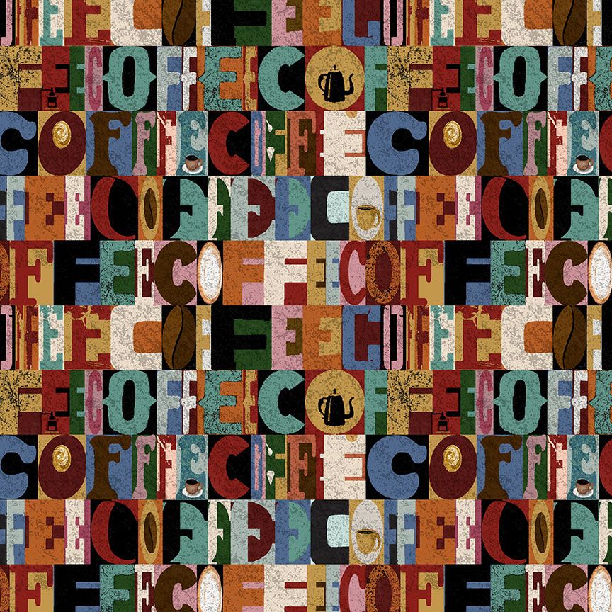Coffee typography cotton fabric with multi color text collage design