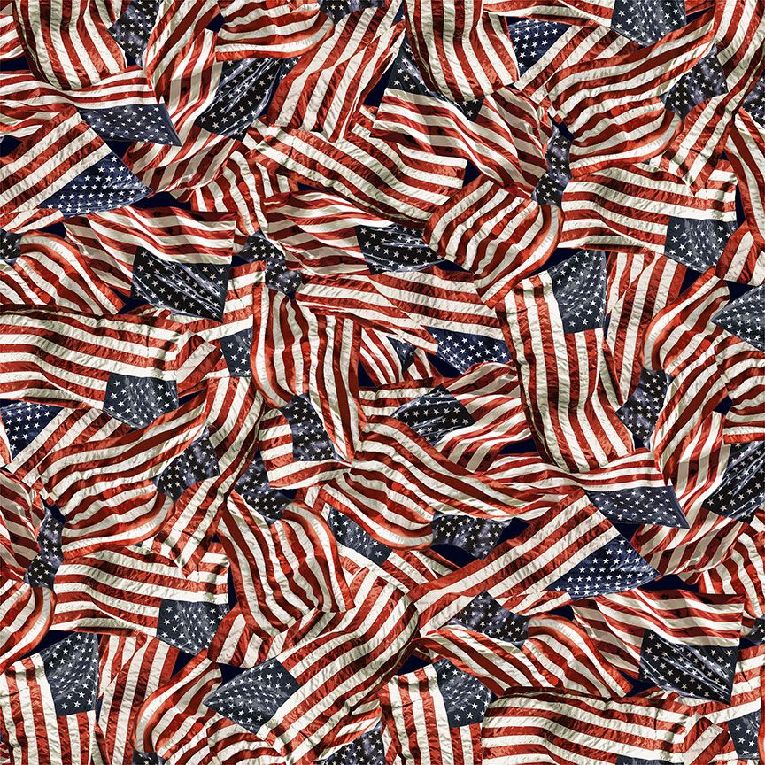 Path To Freedom Packed American Flags fabric featuring an all-over collage of waving American flags on premium digital quilting cotton
