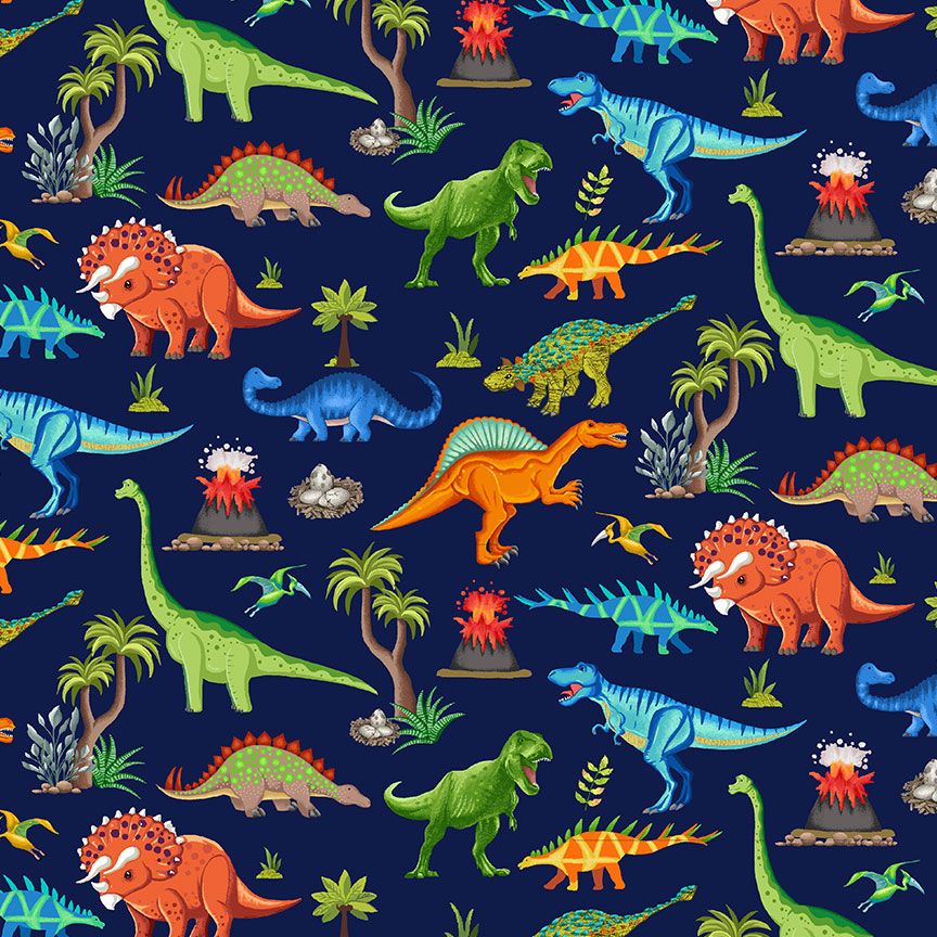 Colorful dinosaur scenic cotton fabric with volcanoes and palm trees on navy background by Timeless Treasures