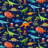 Colorful dinosaur scenic cotton fabric with volcanoes and palm trees on navy background by Timeless Treasures