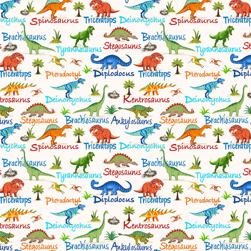 Colorful mini dinosaurs with dinosaur names on cream background digital print fabric by Timeless Treasures