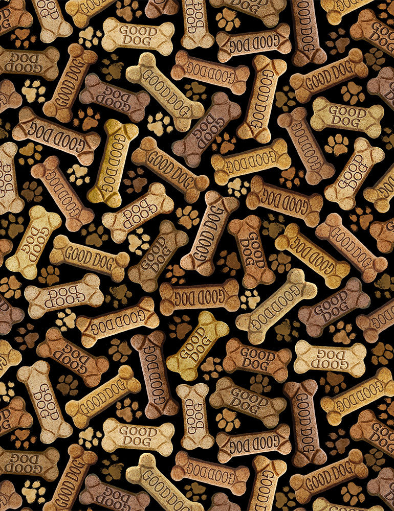 Digital cotton fabric featuring tossed Good Dog dog biscuits and paw prints on a black background by Timeless Treasures.