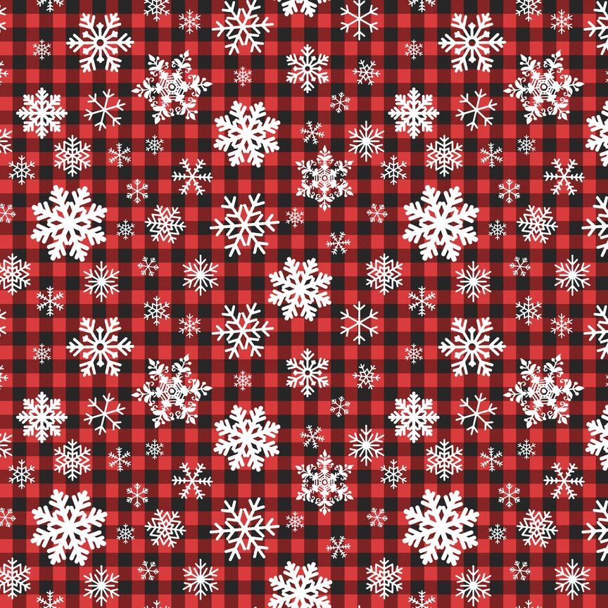 Red and black buffalo plaid cotton fabric with white snowflake pattern