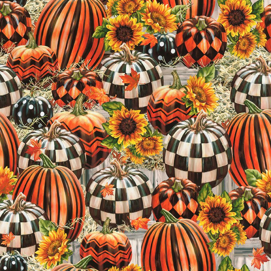 Decorative plaid striped and harlequin pumpkins with sunflowers autumn cotton fabric by Timeless Treasures