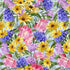 Blue spring floral cotton fabric with yellow, pink, and purple flowers