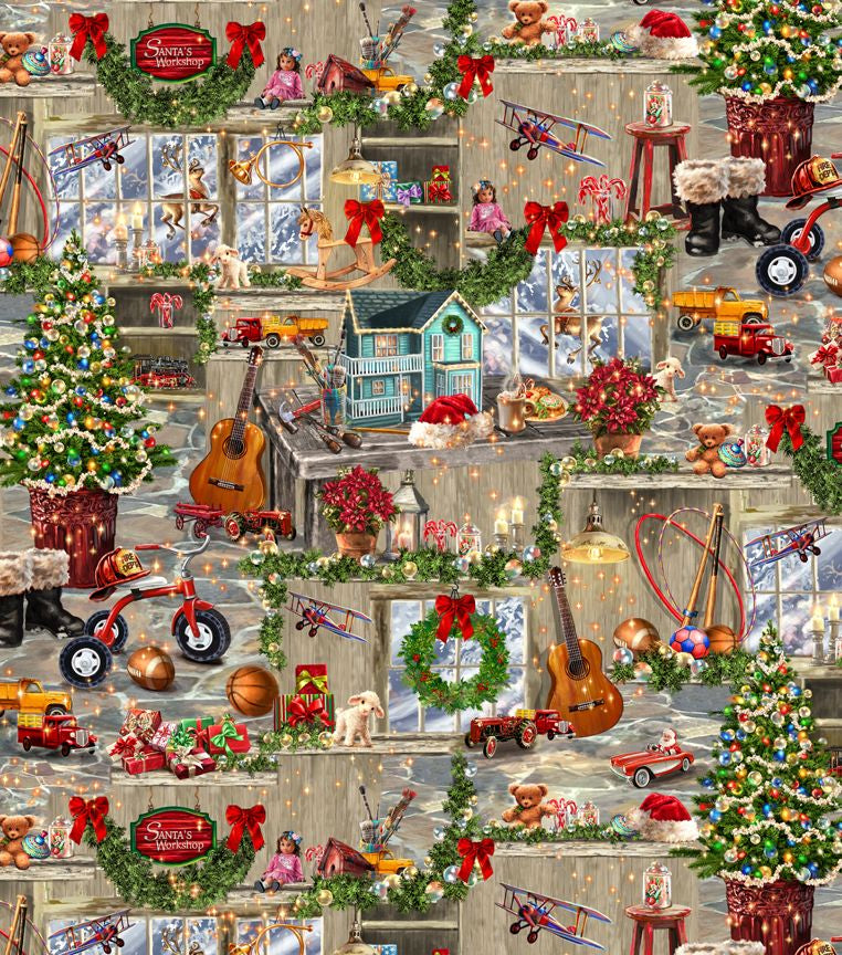 Santa’s Workshop Christmas fabric by Dona Gelsinger for Timeless Treasures
