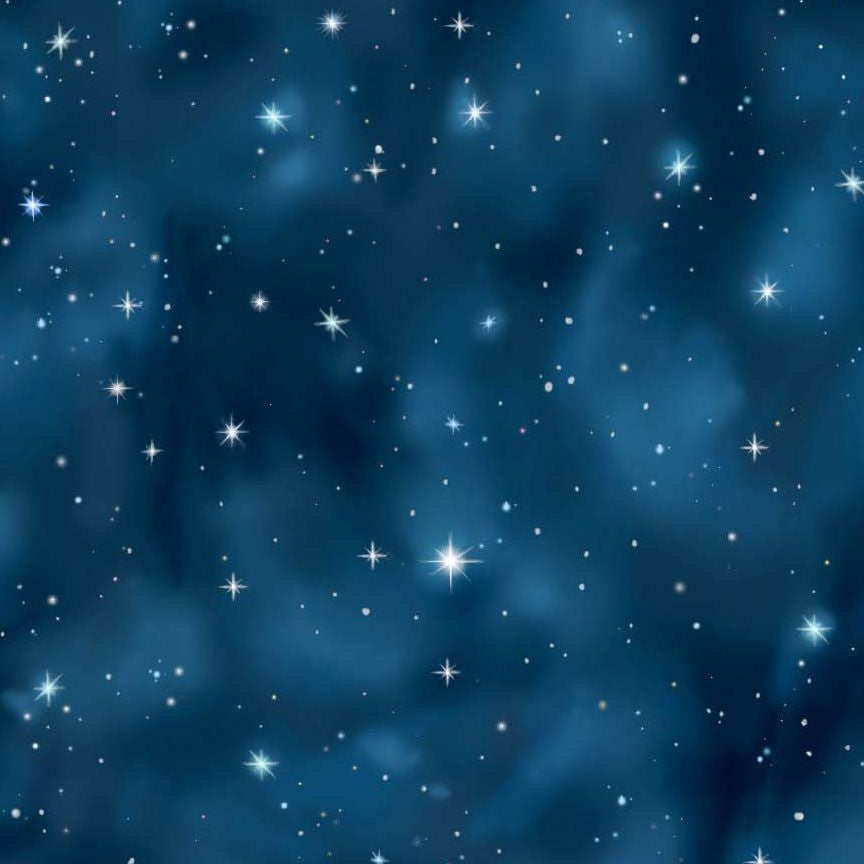 Peace & Harmony Holy Night Sky fabric featuring a deep blue star-filled sky with twinkling stars and soft celestial clouds