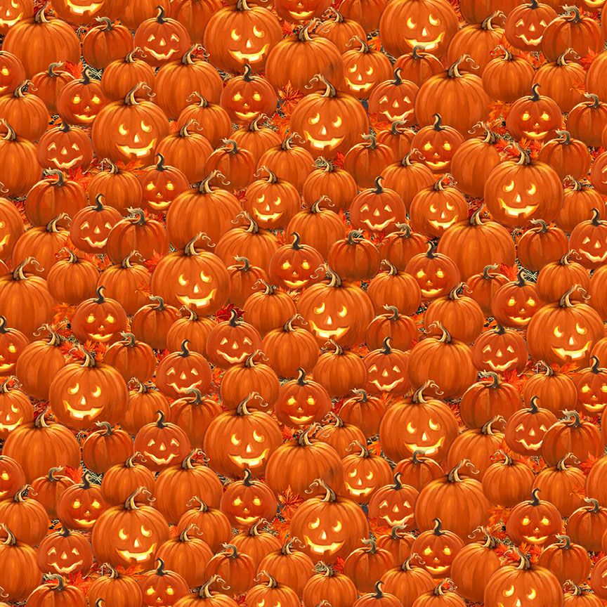 Feline Spooky Packed Jack O' Lantern fabric by Timeless Treasures featuring tightly packed glowing carved pumpkins on orange premium quilting cotton.