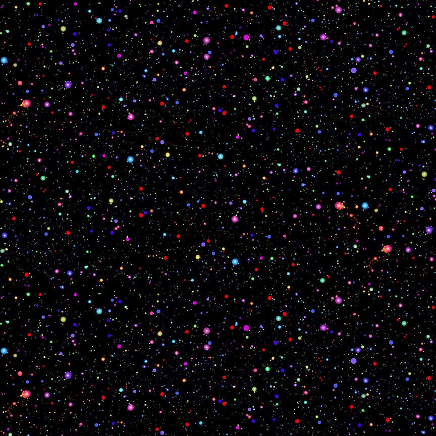 Rainbow confetti dots scattered on a black cotton fabric background.