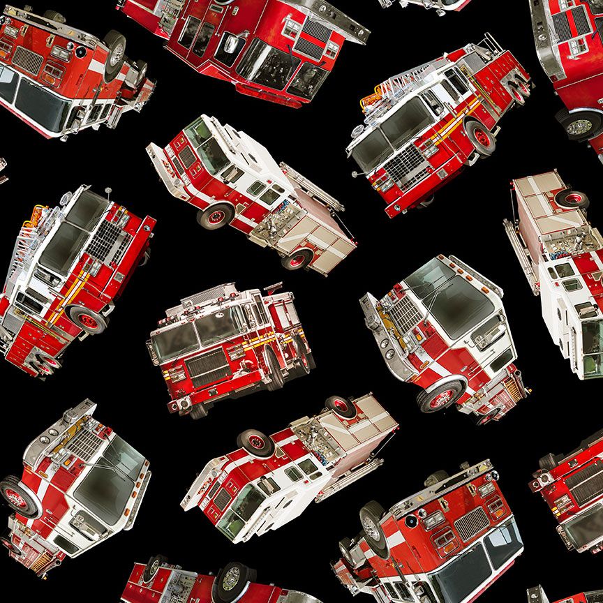 Tossed fire engine quilting cotton fabric by Timeless Treasures