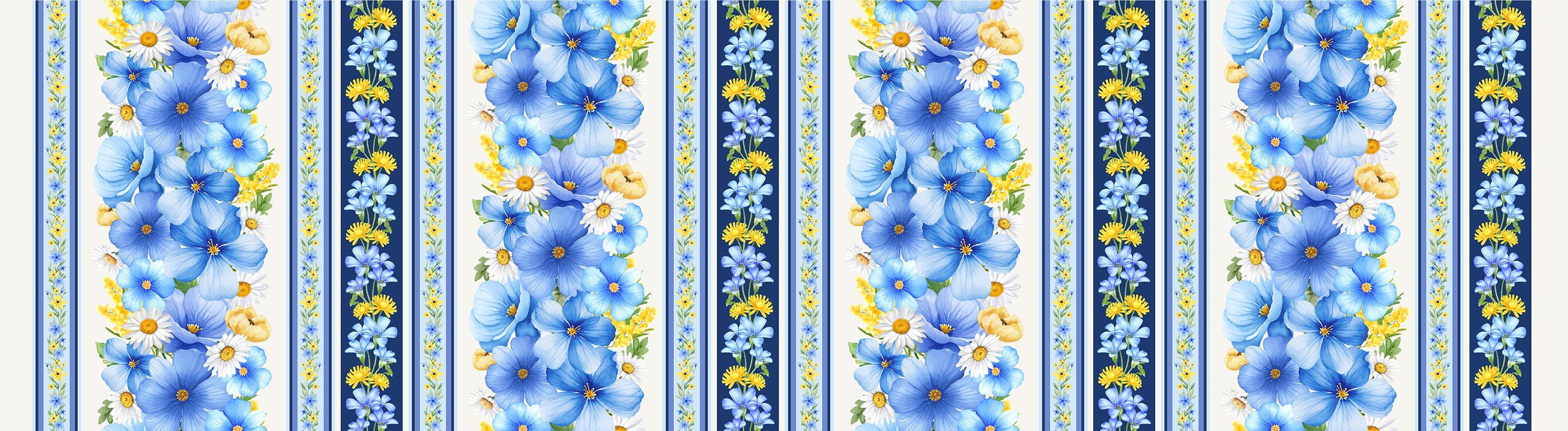 Blue and yellow bee floral stripe cotton fabric