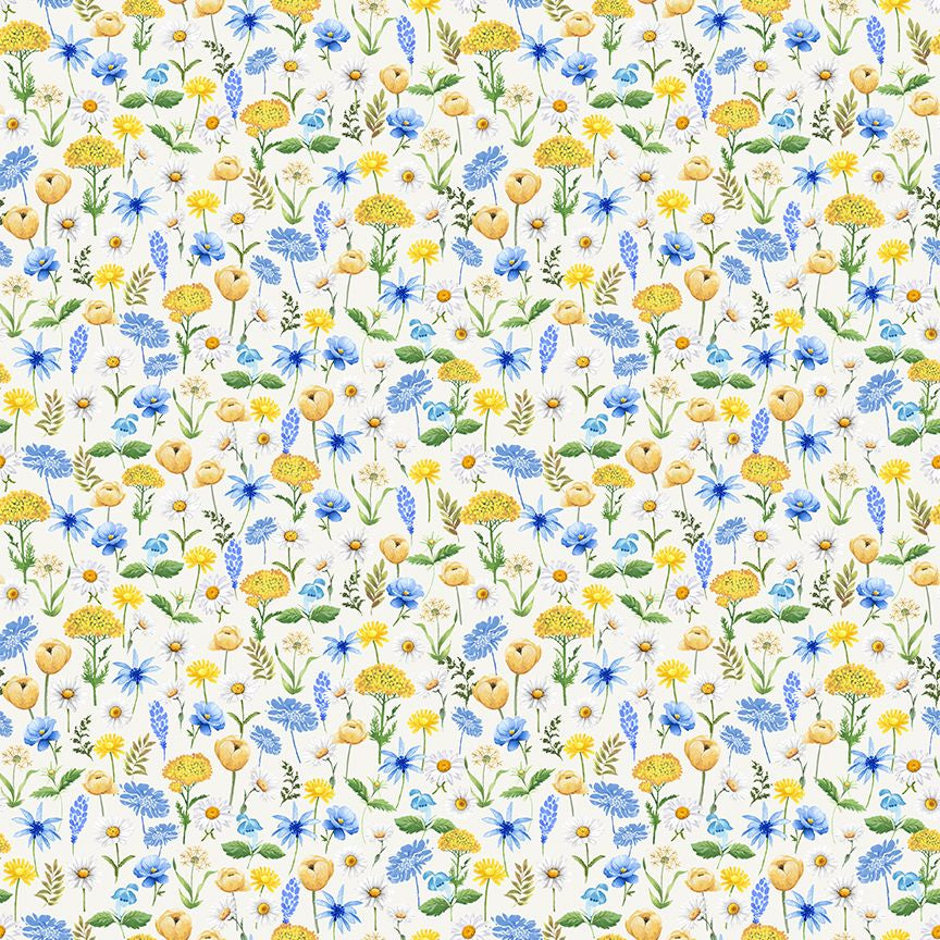 Digital cotton fabric Bee & Bee Kind - Mini Floral Cream by Timeless Treasures featuring small yellow, blue, and cream flowers with green stems on a cream background.
