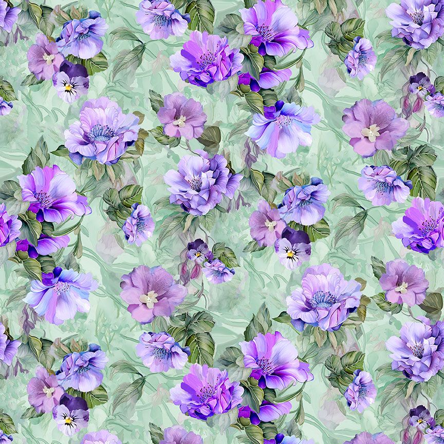 Digital cotton fabric Garden Delight - Floral Bouquet Sage by Timeless Treasures featuring purple and lavender floral bouquets with pansies on a sage green background.