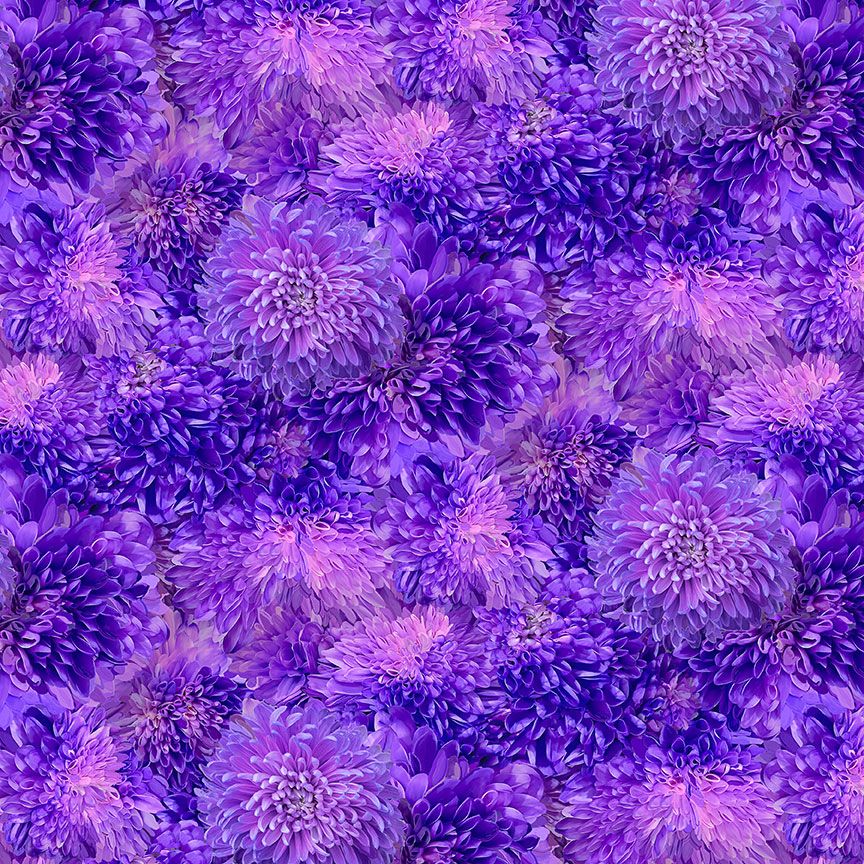 Digital cotton fabric Garden Delight - Packed Flowers Purple by Timeless Treasures featuring dense clusters of lifelike purple blossoms.