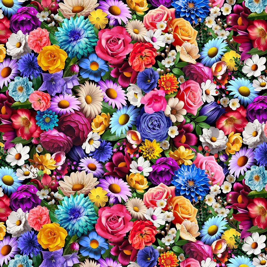 Digital cotton fabric Packed Multicolor Floral by Timeless Treasures featuring vibrant roses, daisies, dahlias, and mixed blooms in bright multicolor design.