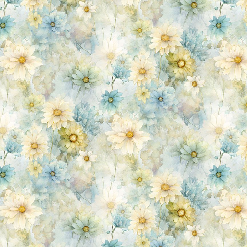 Digital cotton fabric Forest Whisper - Daisy Bloom by Timeless Treasures featuring watercolor daisies in cream, green, and blue on a dreamy soft background.