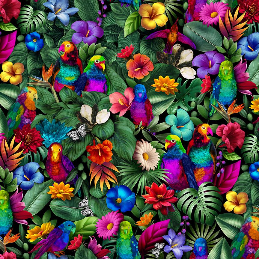 Digital cotton fabric Stroke of Genius - Tropical Floral & Birds by Timeless Treasures featuring colorful parrots, exotic flowers, and lush green leaves.