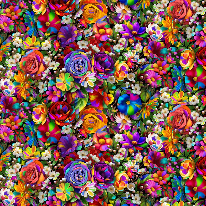 Bright rainbow floral digital print fabric with colorful flowers on black background by Timeless Treasures