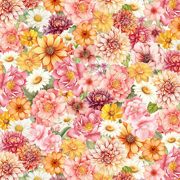 Packed floral cotton fabric with pink peach yellow and cream flowers by Timeless Treasures