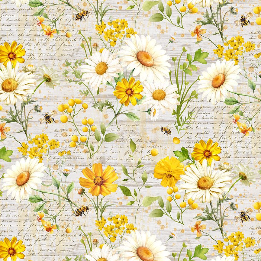 White daisies, yellow sunflowers, bees, and vintage script on beige cotton fabric