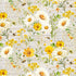 White daisies, yellow sunflowers, bees, and vintage script on beige cotton fabric