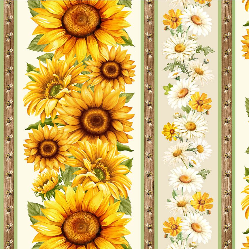 Timeless Treasures You Are My Sunshine sunflower stripe cotton fabric featuring large sunflowers, white daisies, bees, and rustic wood stripe accents.