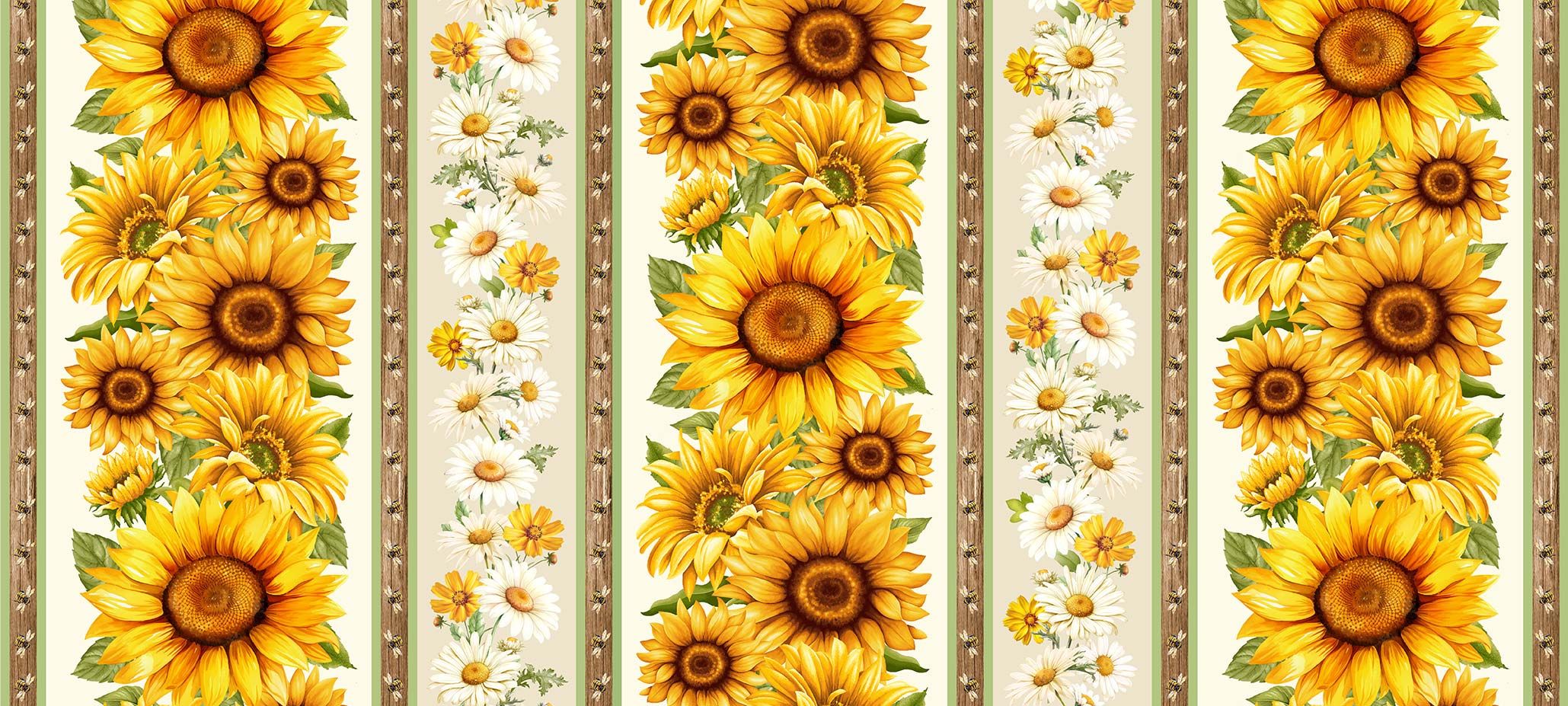 Timeless Treasures You Are My Sunshine sunflower stripe cotton fabric featuring large sunflowers, white daisies, bees, and rustic wood stripe accents.
